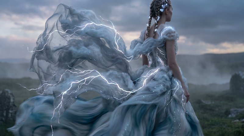 Ethereal storm goddess stands in misty moorlands, her flowing cloud gown swirling with bright glo...