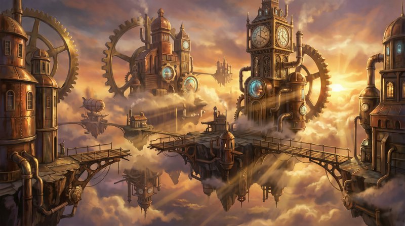 Steampunk floating sky city with ornate clock towers, giant brass gears, and bridges hovering abo...