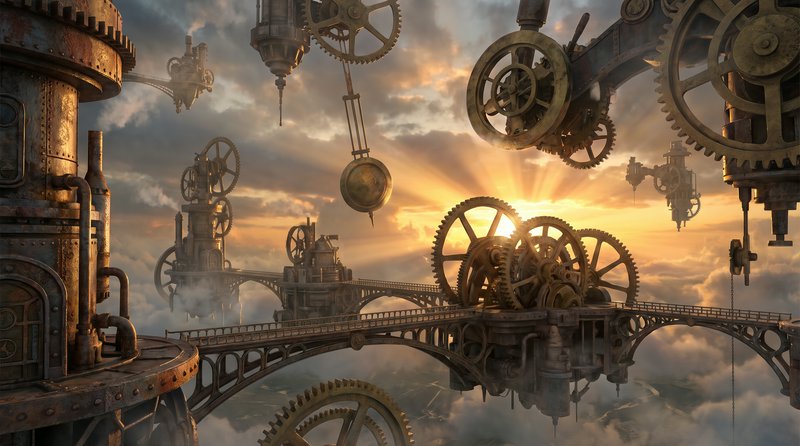 Surreal steampunk floating mechanical city with giant brass gears above clouds at golden sunset