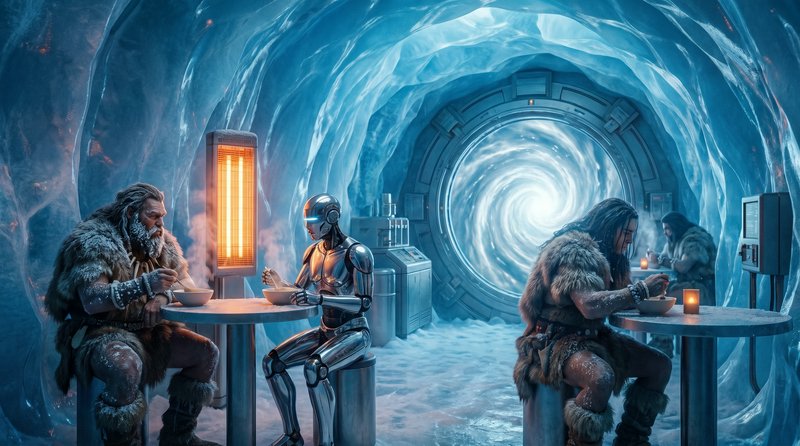 Chrome humanoid robot and fur-clad ice age humans eat at tables inside a glowing icy cave sci-fi ...