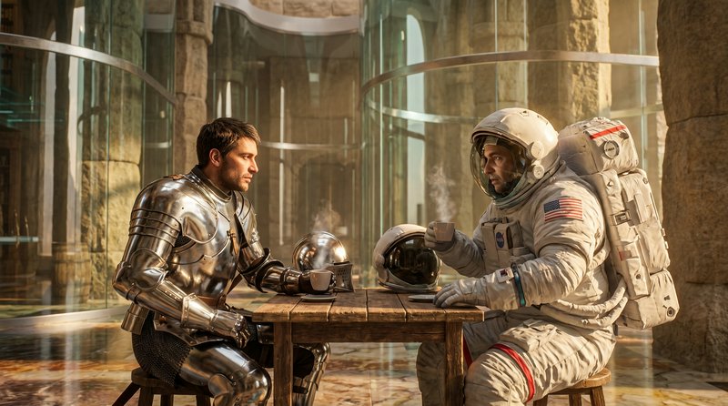 Medieval knight in polished steel armor and spacesuit-clad astronaut sit facing each other, drink...