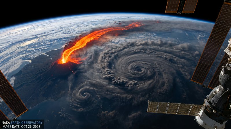 ISS orbit view of Earth showing an erupting glowing volcano, flowing lava, and swirling hurricane...