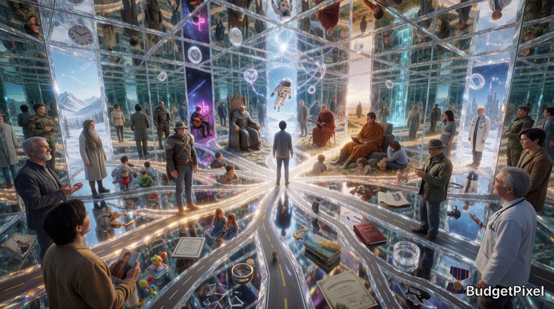**A mind-bending surreal visualization of a single person simultaneously living every possible version of their life, standing at the center while reality fractures into an infinite prism of alternate destinies. Thousands of translucent mirrored planes radiate outward like an endless crystalline kaleidoscope, each reflection revealing a completely different future: a celebrated astronaut drifting through distant galaxies, a weary medieval king upon a forgotten throne, a brilliant scientist discovering impossible equations, a humble street musician beneath neon rain, a battlefield commander, a monk seeking enlightenment, a billionaire overlooking futuristic skylines, a struggling artist in a tiny apartment, an elderly teacher surrounded by grateful students, an explorer crossing alien landscapes, a detective solving impossible mysteries, a parent raising a family, a solitary hermit in snow-covered mountains, a cyberpunk hacker illuminated by holograms, a doctor saving lives during catastrophe, and countless other identities unfolding simultaneously. Every mirrored fragment becomes a portal into a different timeline where one decision altered everything. Roads split endlessly beneath their feet into glowing branches that weave across impossible dimensions, symbolizing every choice ever made and every opportunity abandoned. Transparent clocks, celestial constellations, family photographs, diplomas, wedding rings, military medals, unfinished paintings, shattered passports, childhood toys, and forgotten memories drift between realities, connecting lives that never intersect. Some reflections smile with fulfillment, others carry exhaustion, regret, triumph, loneliness, or wisdom, creating a breathtaking emotional spectrum of the same soul experiencing entirely different destinies. The surrounding universe folds into an infinite hall of mirrors where every horizon reveals another version of existence, each life subtly influencing the next through shimmering threads of light. Time itself bends into crystalline geometry as parallel futures overlap without fully merging, creating an impossible tapestry of choices, consequences, and unrealized potential. Ultra-photorealistic, cinematic IMAX composition, impossible Escher-inspired perspective, volumetric light scattering through fractured crystal, surreal dreamlike atmosphere, hyper-detailed reflections, cosmic realism, breathtaking depth, emotional visual storytelling, masterpiece, 8K, HDR, Unreal Engine 5, Octane Render, extraordinary realism.@Create image 16:9