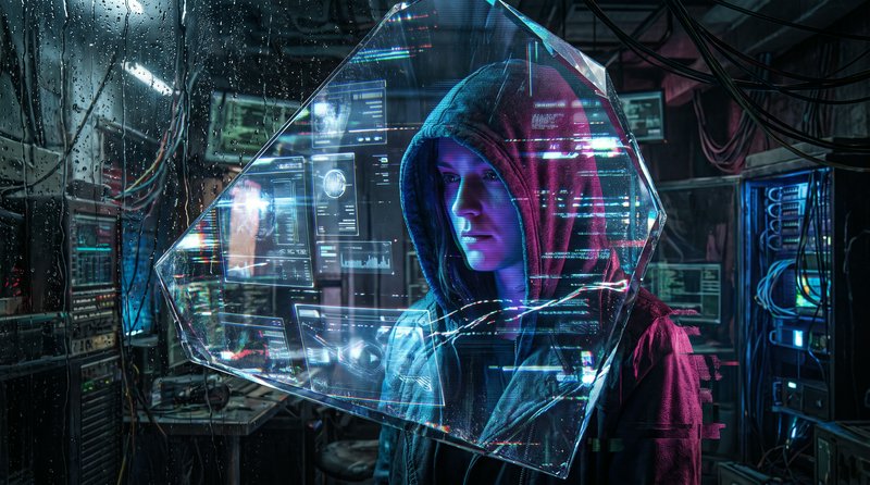 Hooded cyberpunk hacker interacting with a faceted floating hologram interface in a cluttered ser...