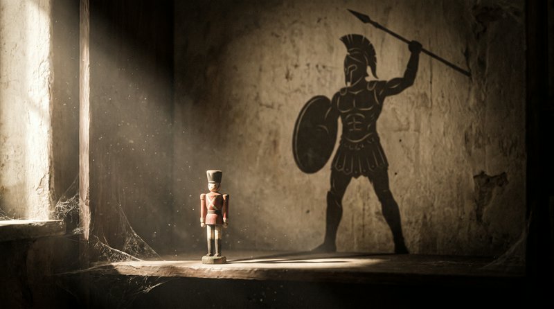 Small vintage wooden nutcracker toy stands in sunbeams, casting a large Spartan warrior silhouett...