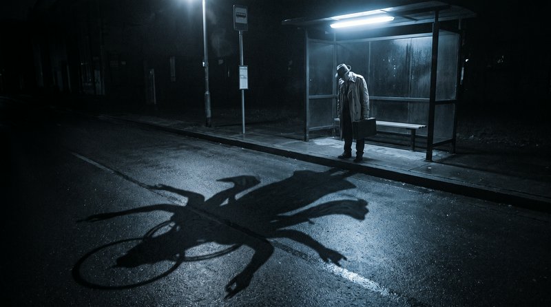 [Lone man waits at a lit night bus stop, his distorted shadow appears as a monstrous winged demon on wet pavement]