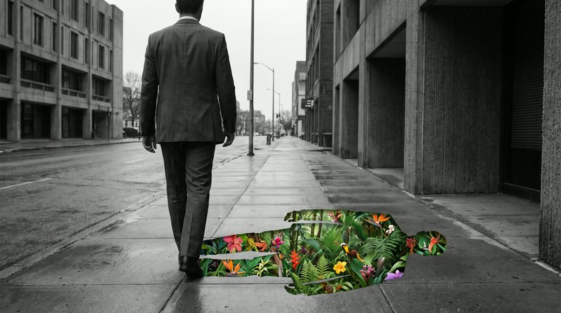 Back view of suited businessman walking on a grayscale city sidewalk beside a crack revealing bri...