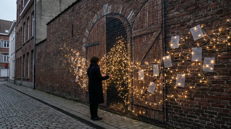 Person in a dark coat views glowing fairy light art installation on an old brick wall along a cob...