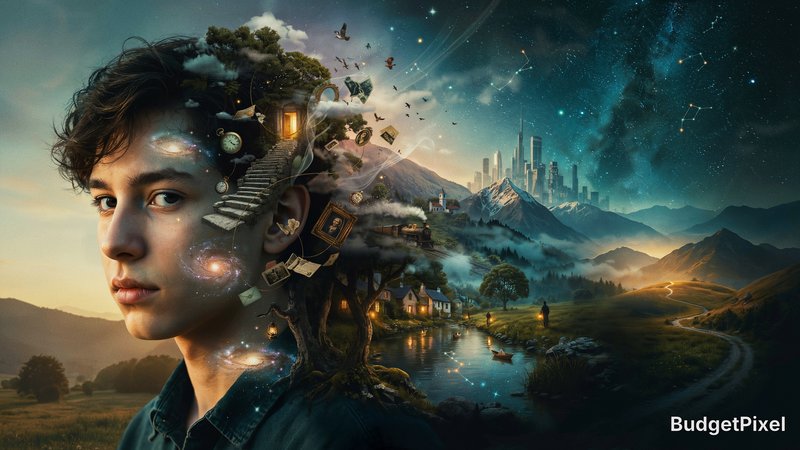 An ultra-cinematic Inner World Portrait of a young person, where the face naturally dissolves into an expansive dreamlike universe instead of a traditional double exposure. The portrait fills the left side of the composition while the right side seamlessly transforms into an immense symbolic landscape that grows organically from the skin, hair, and eyes. Every transition is fluid and painterly, with no visible cutout or silhouette.

Inside the person's inner world, countless interconnected stories unfold simultaneously. Winding roads disappear into glowing mountain horizons. Tiny warm cottages sit beneath ancient trees with softly lit windows. A distant futuristic city glows beneath an enormous star-filled sky while a vintage steam train crosses mist-covered valleys. Floating staircases climb into the heavens, leading toward mysterious illuminated doorways suspended in space. Rivers reflect constellations, paper boats drift through glowing water, antique clocks, portraits, letters, mirrors, and forgotten memories float weightlessly through the air, connected by delicate golden threads like fragments of destiny.

Small human figures walk through this impossible world carrying lanterns, symbolizing memories, choices, and emotional journeys. The eyes contain entire galaxies with tiny reflections of stars, cities, roads, and distant worlds, giving the impression that infinite stories exist behind a single glance. Hair dissolves into tree branches, drifting clouds, birds, smoke, and stardust that blend naturally into the surrounding environment.

The atmosphere is deeply emotional, mysterious, nostalgic, and cinematic, balancing wonder with quiet melancholy. Warm golden sunset light blends seamlessly into cool blue moonlight, creating dramatic cinematic contrast. Volumetric god rays, atmospheric fog, glowing particles, lens bloom, soft depth of field, and subtle film grain enhance the dreamlike realism. Every object is connected through smooth visual transitions, creating the feeling that the entire universe exists inside one human soul.

Inspired by surreal visual storytelling, fantasy cinema, and painterly realism, with intricate environmental storytelling, seamless composition, masterpiece quality, ultra-detailed textures, rich cinematic lighting, emotional symbolism, breathtaking scale, photorealistic digital painting, 8K.