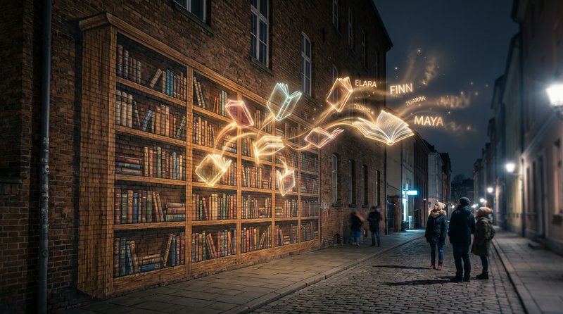 Surreal night street scene with glowing floating books emerging from a painted bookshelf mural on a brick building.