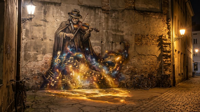 [Surreal mural of a hatted violinist with swirling glowing musical notes painted on an old cobblestone alley wall at night]