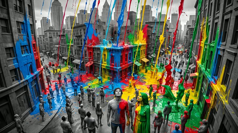 [Surreal grayscale city street with bright rainbow paint streams splashing onto buildings and gathered pedestrians]