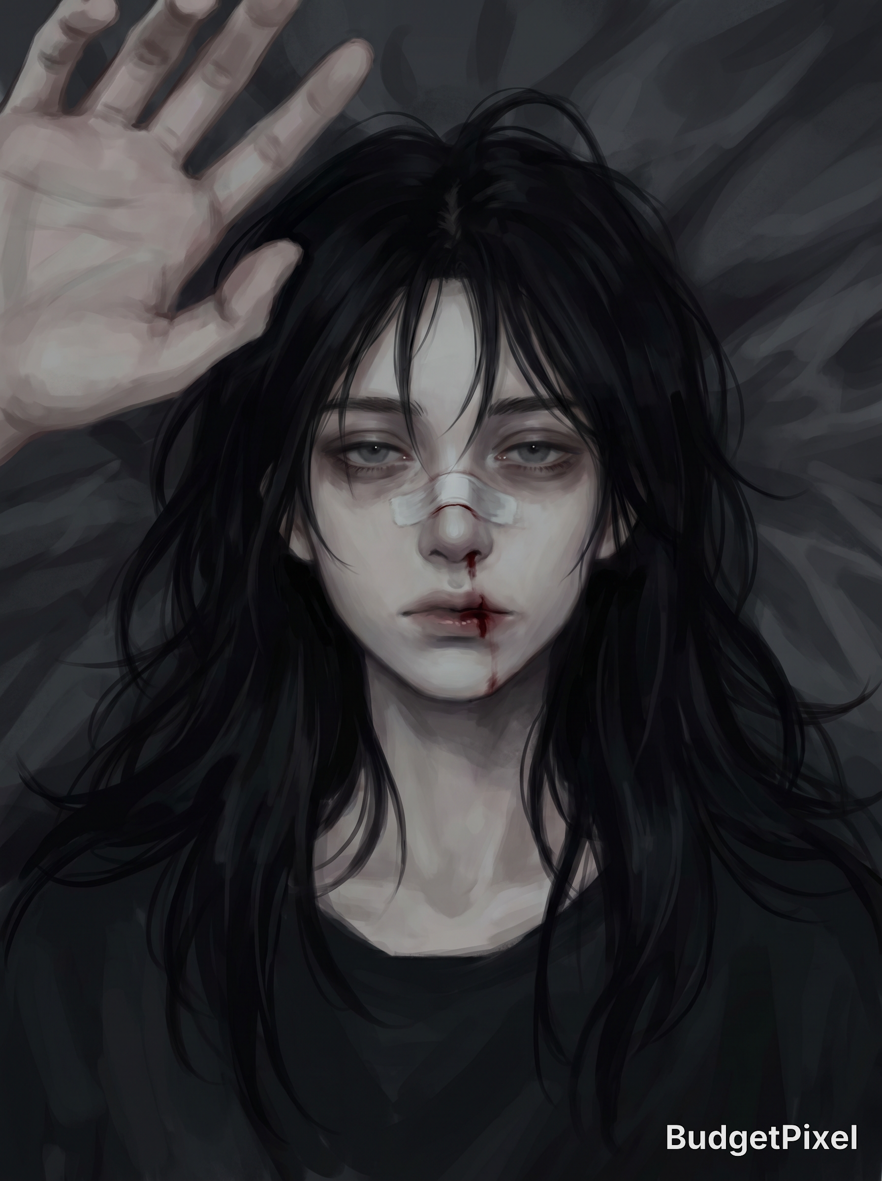 Dark-haired woman with pale skin, bandaged nose and a small bloody cut, raised hand, moody portrait.