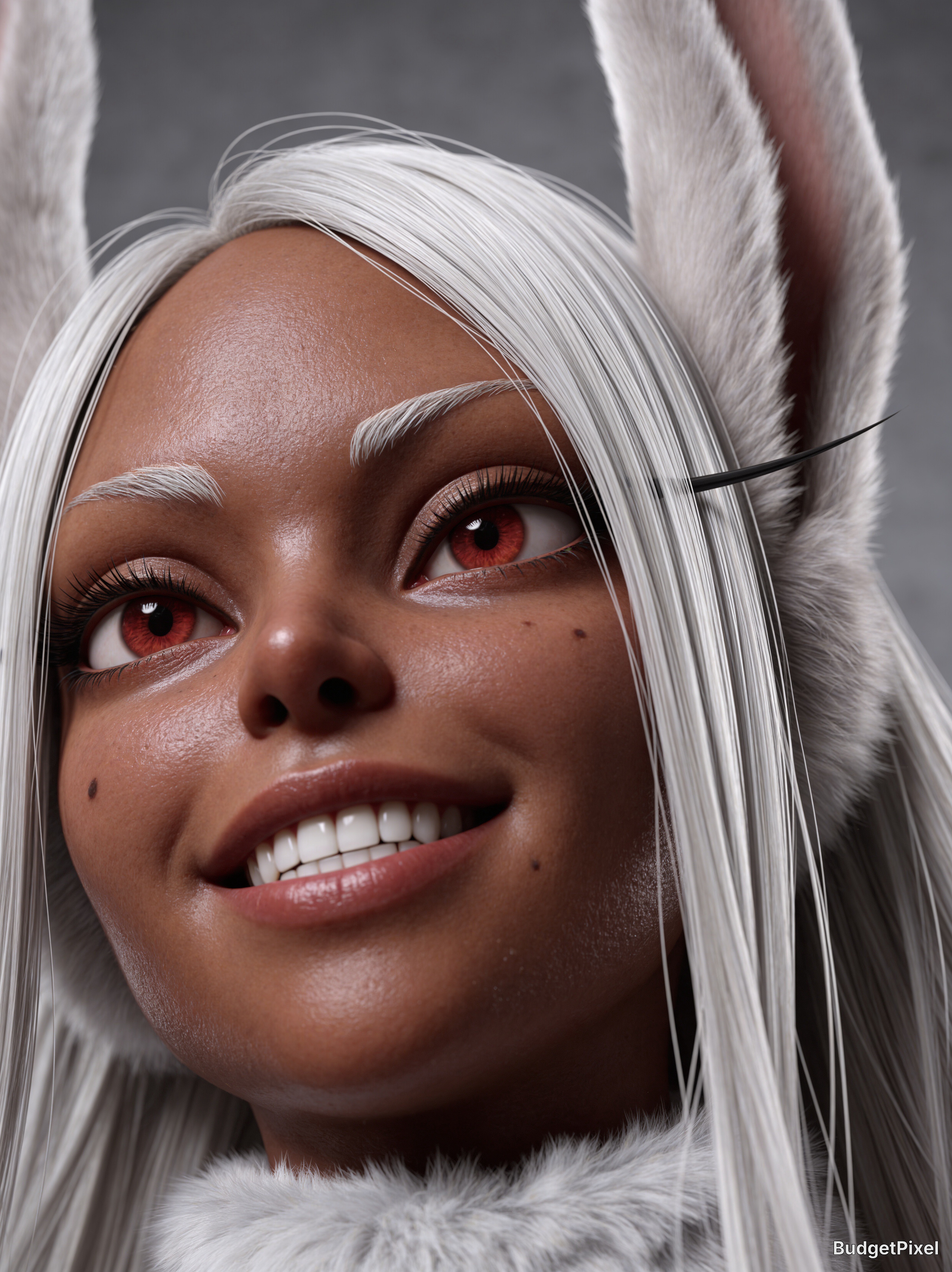 Close-up of a 3D fantasy character with white hair, fluffy bunny ears, and red eyes smiling.