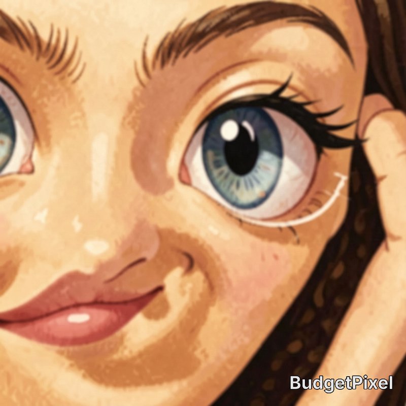 Close-up digital illustration of a stylized young woman's face with large bright blue anime eyes ...