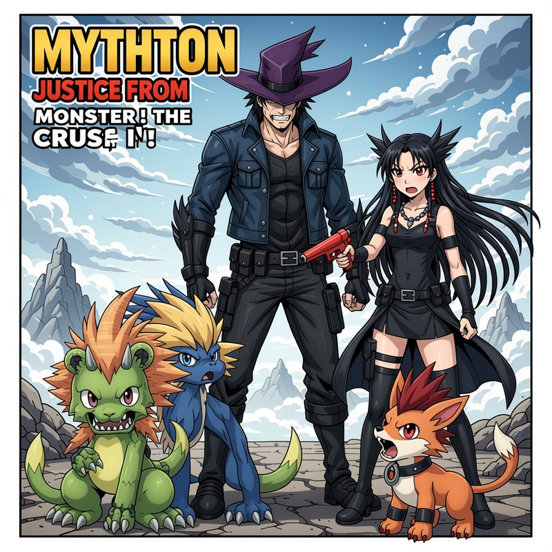 Anime fantasy cover art of a hero party with 3 companion monsters standing on a rocky mountain pl...