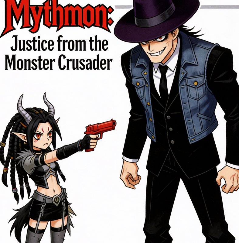 [Mythmon manga cover art: horned demon elf girl points a red gun at a grinning fedora-wearing male character]