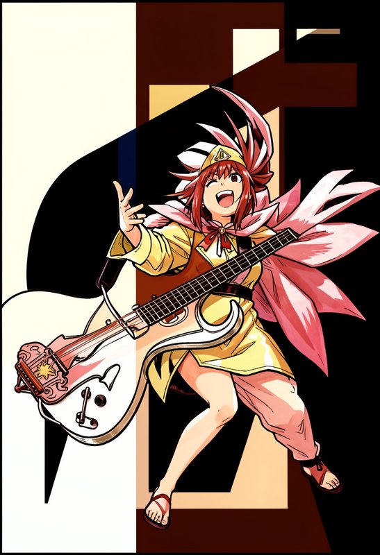 Joyful red-haired anime musician holding an ornate fantasy electric guitar in a dynamic performan...