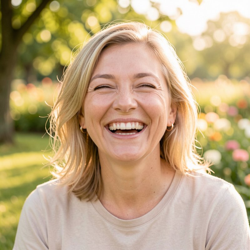 Close-up portrait of a joyful laughing middle-aged blonde woman in a sunlit summer park.