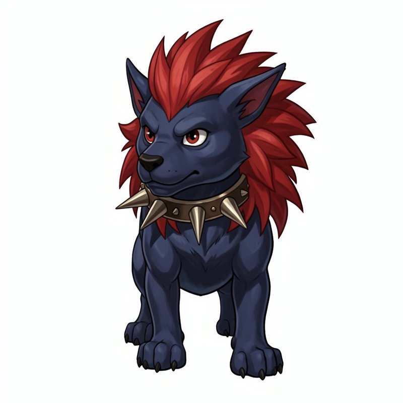 Illustrated chibi fantasy guard hound with dark blue fur, spiky red mane, and spiked collar on a ...