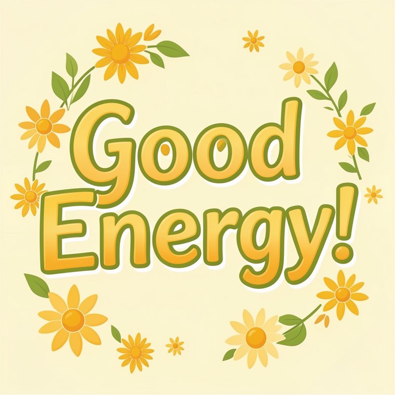 Cheerful "Good Energy!" graphic framed by yellow daisy flowers and green leaves on a soft pale cr...