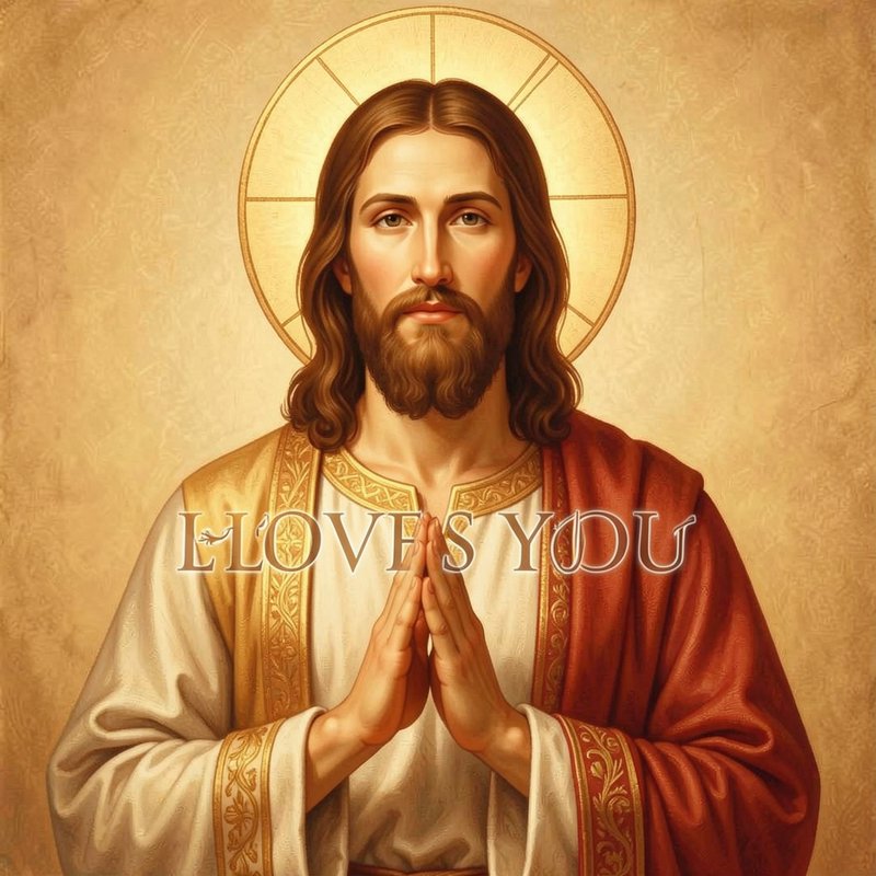 Portrait of Jesus Christ with golden halo, clasped praying hands, overlaid "Loves You" text, warm...