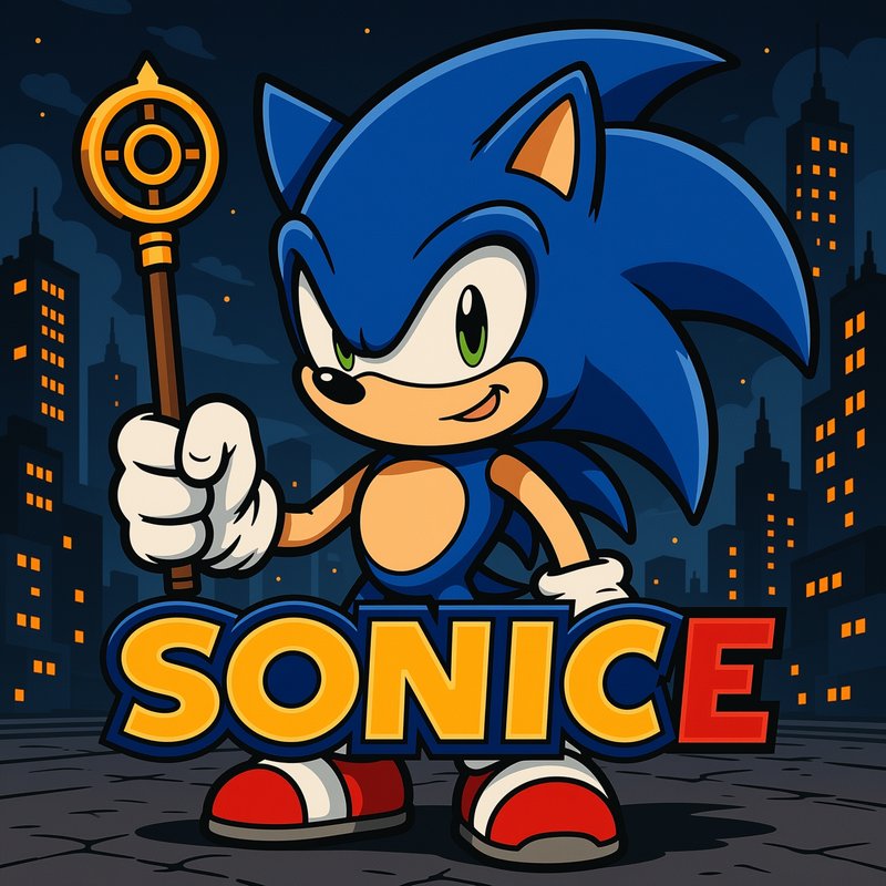 Stylized Sonic the Hedgehog illustration holding a golden staff, over SONICE text, night city sky...