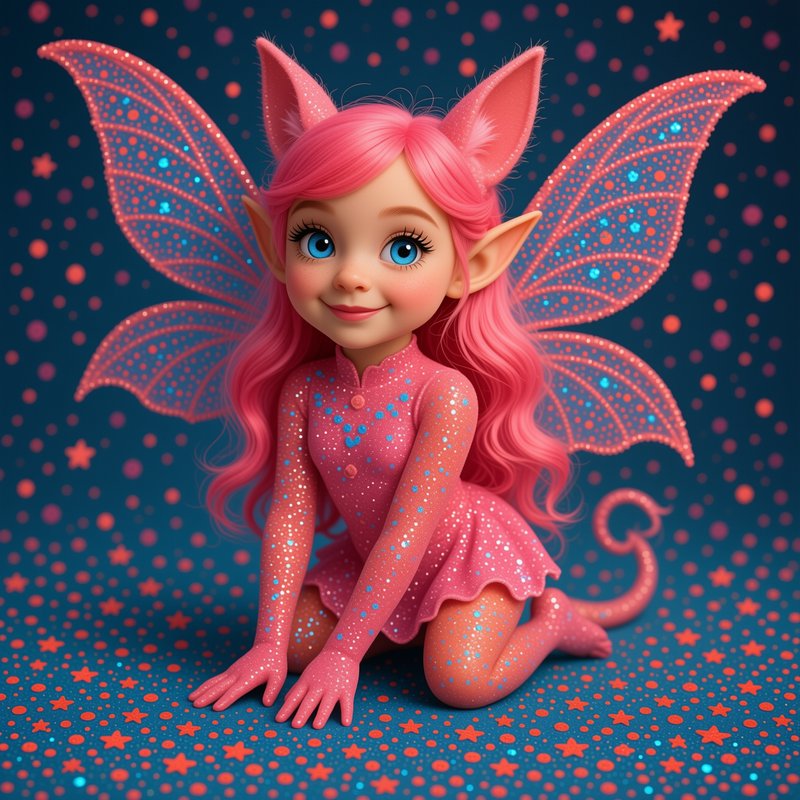 Cute glittery pink fairy with cat ears, wings, and curled tail kneeling against a starry dark blu...