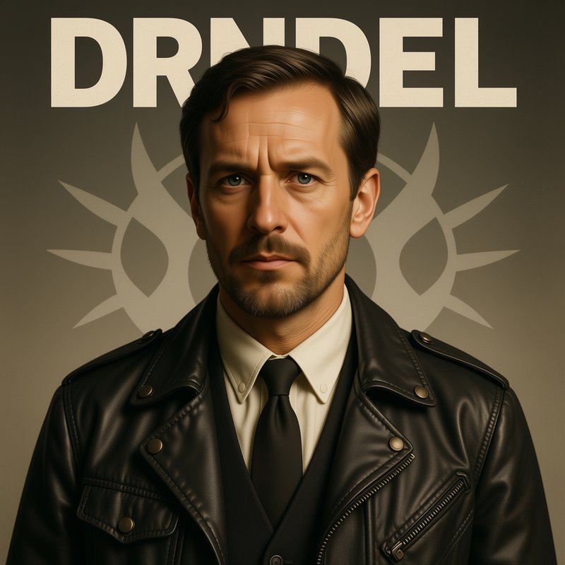 Stoic middle aged bearded man in a black leather jacket, posed against a graphic typographic background