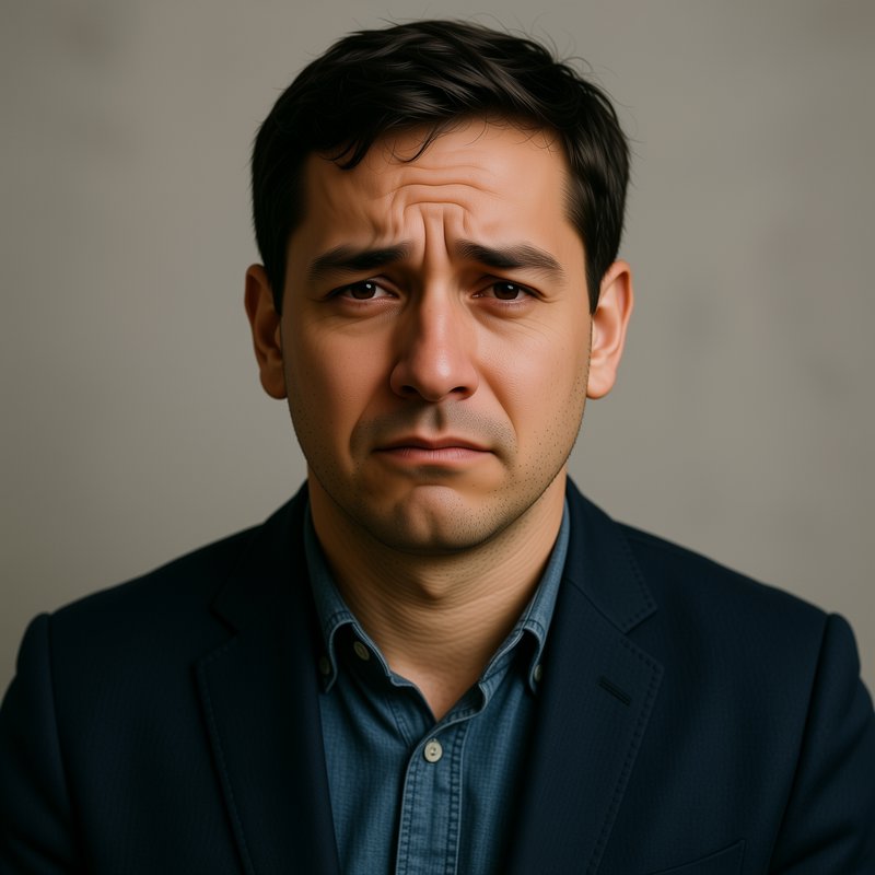Man with a sad worried expression posing for a studio professional headshot