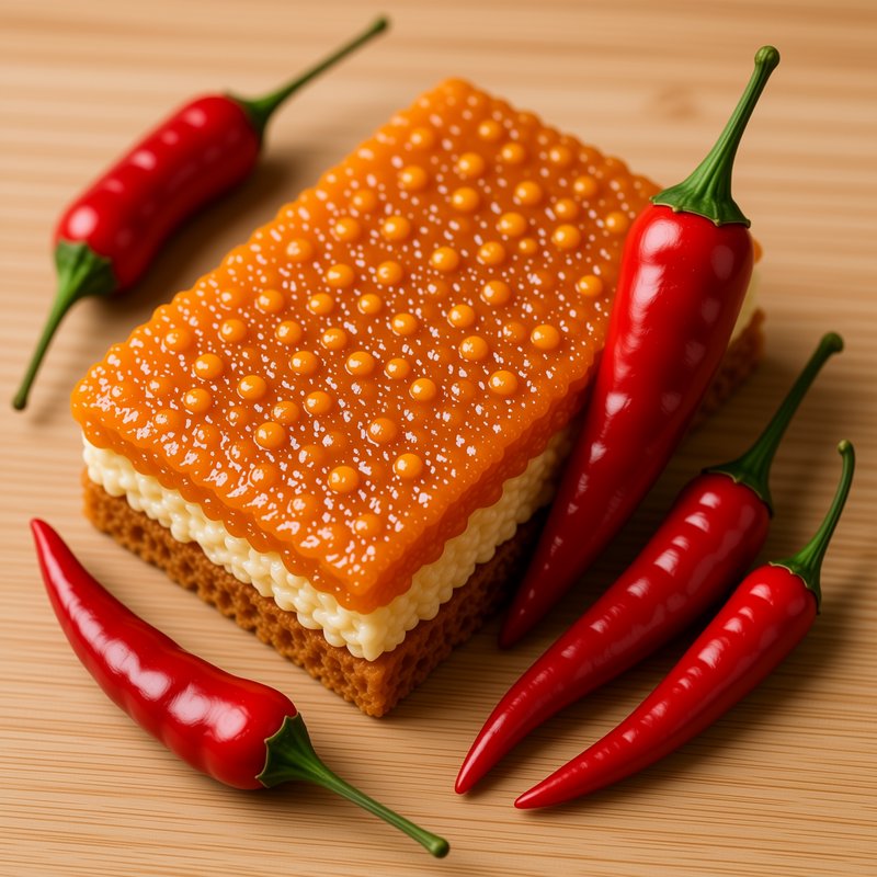 Layered roe-topped appetizer surrounded by bright red chili peppers on a light wooden table