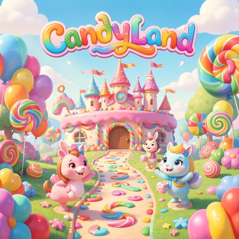 Whimsical CandyLand scene with pastel candy castle, cute animal characters, and colorful lollipop landscape
