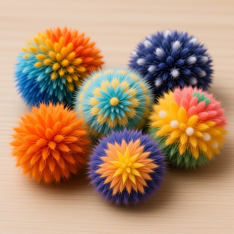 Six colorful fuzzy spiky gradient pom pom decorations clustered on a light wooden table