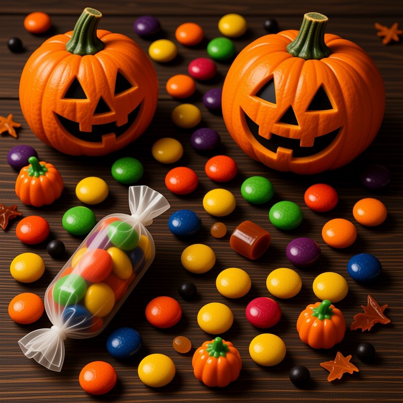 Grinning jack-o-lanterns sit surrounded by colorful assorted Halloween candies on a dark wooden t...