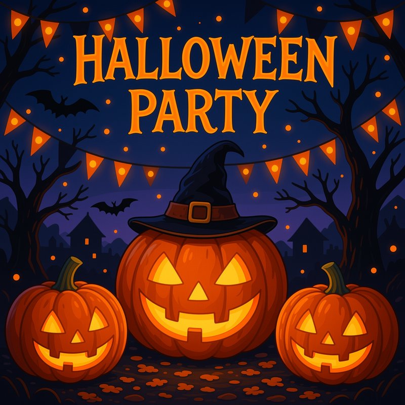 Three glowing jack-o-lanterns, one wearing a witch hat, sit below Halloween Party text under a da...