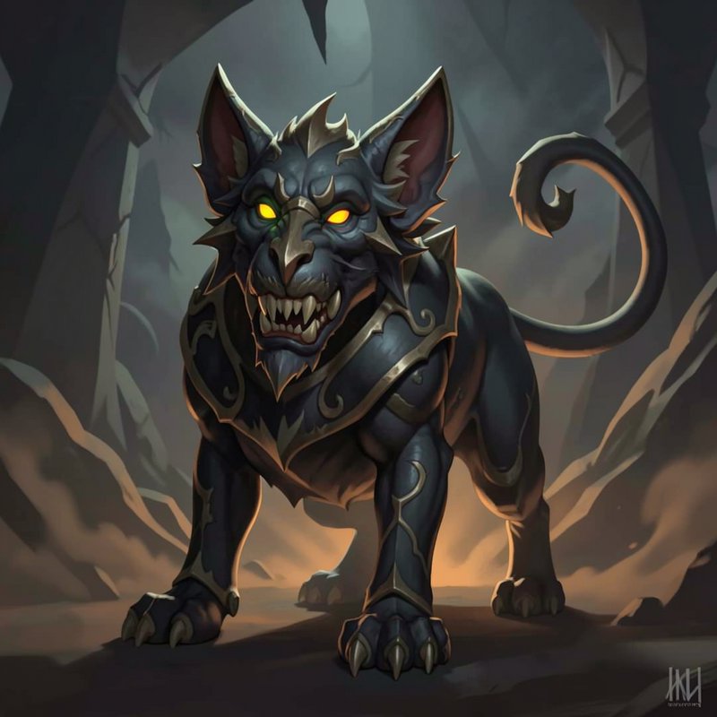 Fierce armored fantasy feline guardian with glowing yellow eyes stands alert in a misty stone dun...