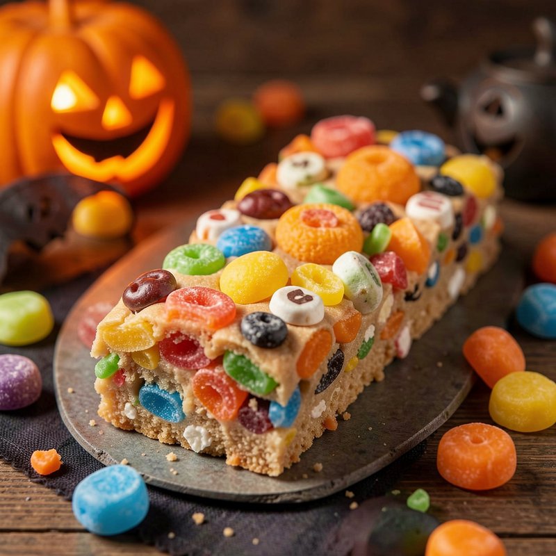 Colorful candy-studded dessert loaf sits on a metal plate beside a glowing Halloween jack-o-lantern
