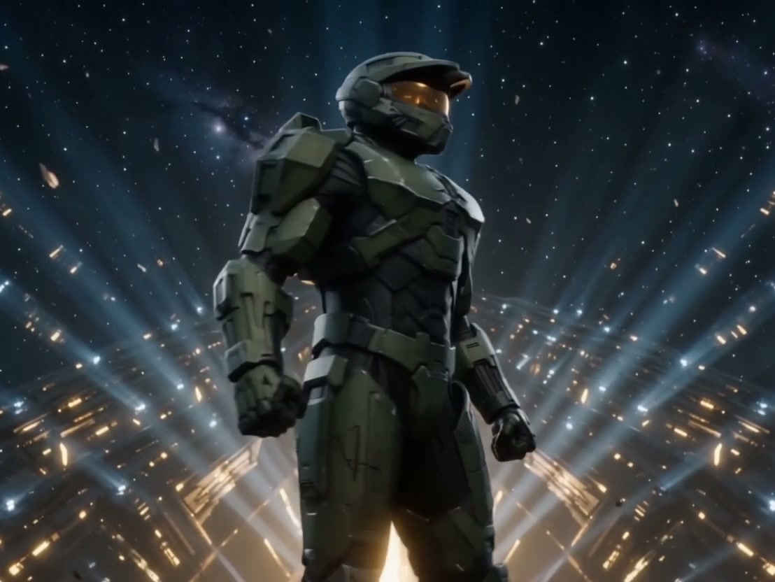 Halo's Master Chief in iconic olive MJOLNIR armor stands before a glowing futuristic space struct...