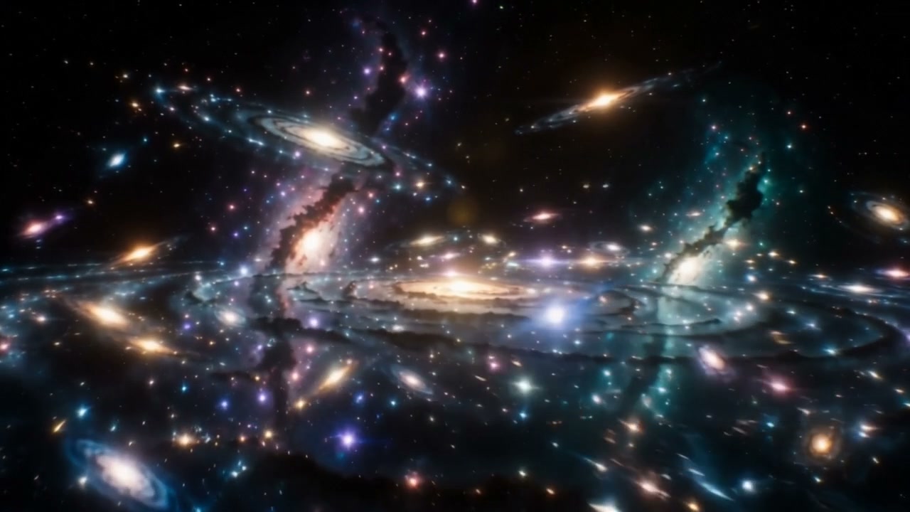 Vibrant glowing spiral galaxies, colorful nebulas, and bright stars fill a dark deep space cosmic...