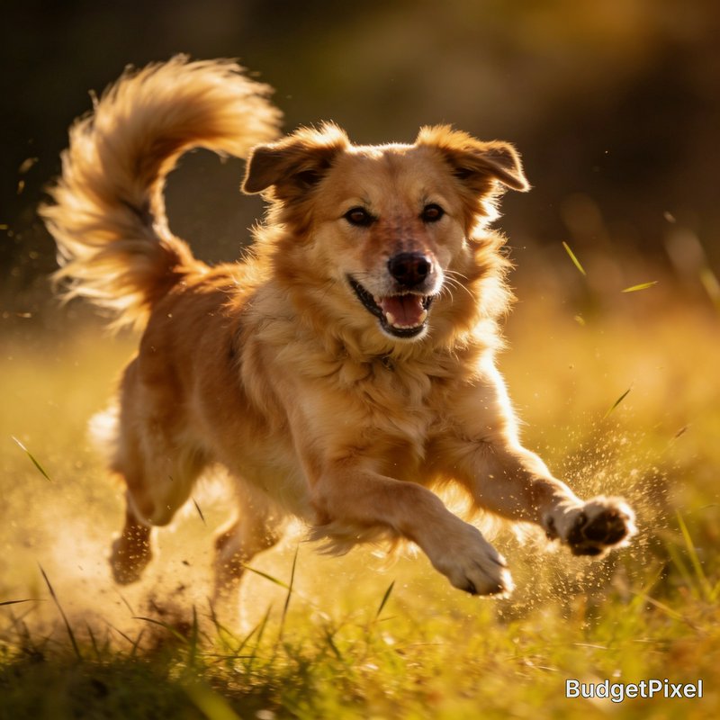 Golden-brown dog running joyfully through a sunlit grassy field