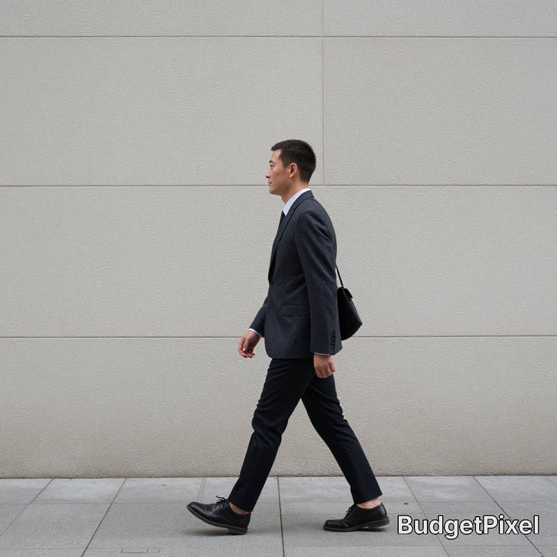 Man in a dark gray suit walking beside a beige wall with a black shoulder bag