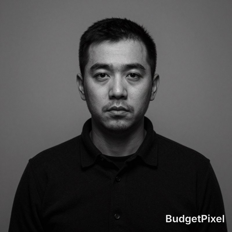 Black-and-white portrait of a man facing the camera in a dark polo.