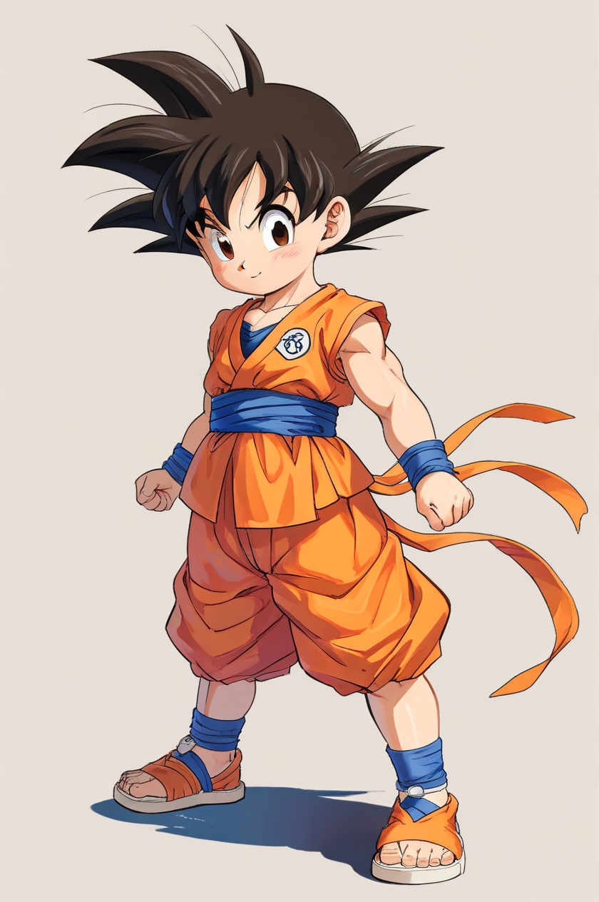 Young Goku in orange gi with blue sash, standing confidently with spiky black hair.