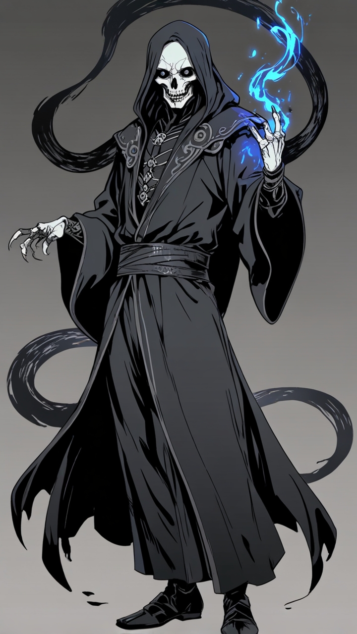 Dark hooded skeletal necromancer with a glowing blue flame in one hand.