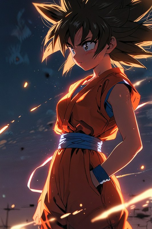 Anime-style depiction of a young fighter in an orange gi with spiky hair, standing in a fiery, wi...