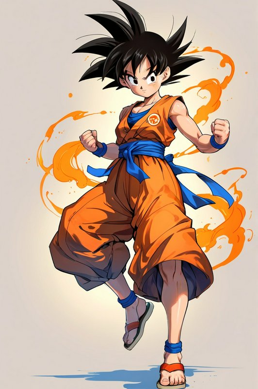 Young Goku in orange gi with blue belt, fists up, surrounded by orange aura flames.