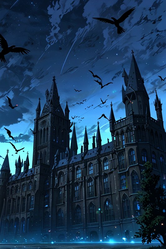 Gothic castle at night with towering spires under a blue starry sky and flying crows.