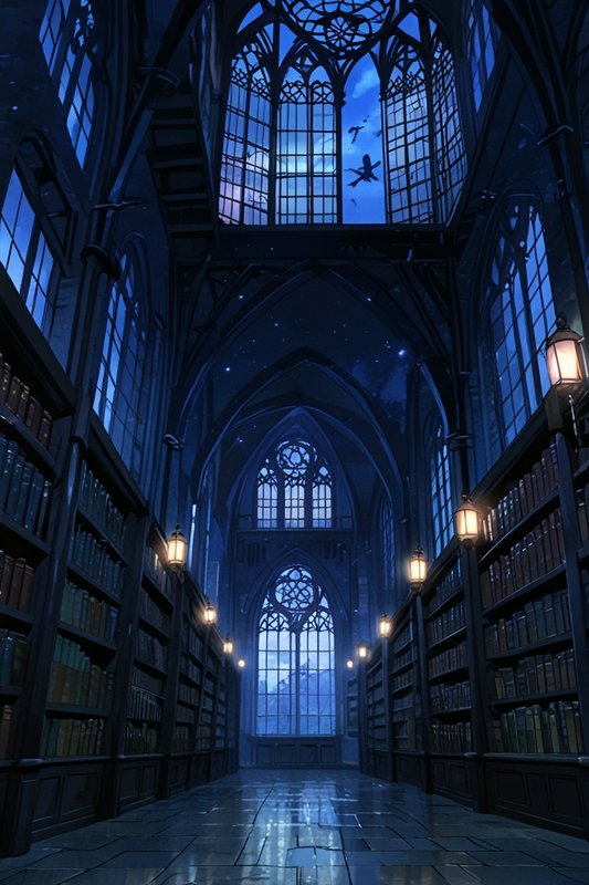 Gothic library interior with towering arches, blue night sky, and shelves of books along lantern-...