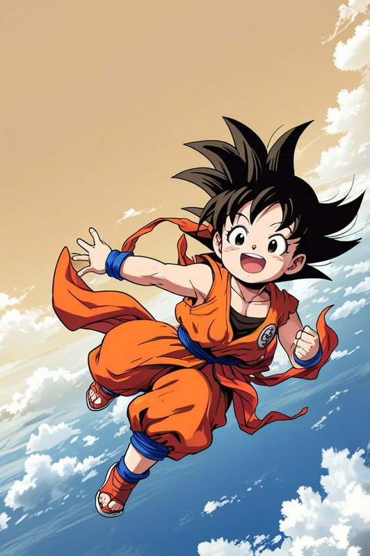Young Goku in an orange gi flying through the sky with clouds and blue hues.