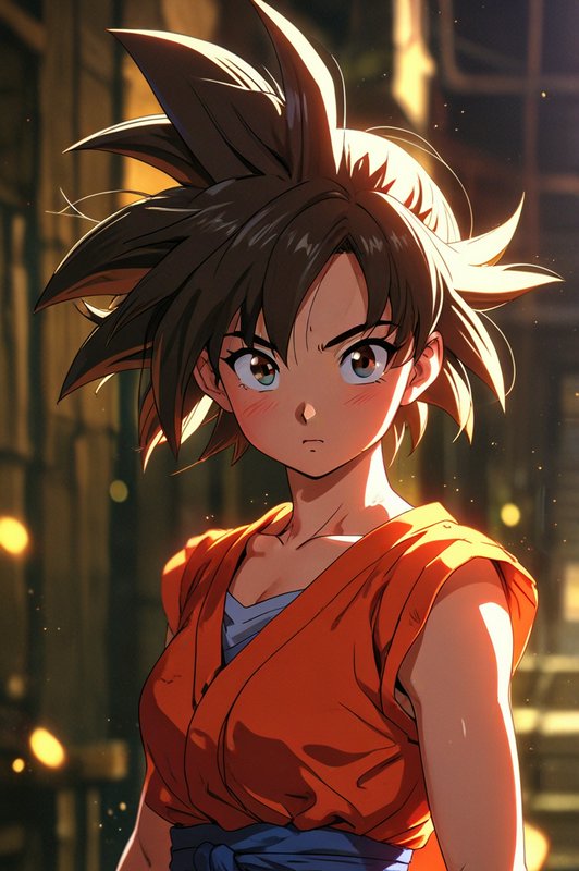 Anime-style illustration of a young boy with spiky black hair in an orange gi, looking determined.